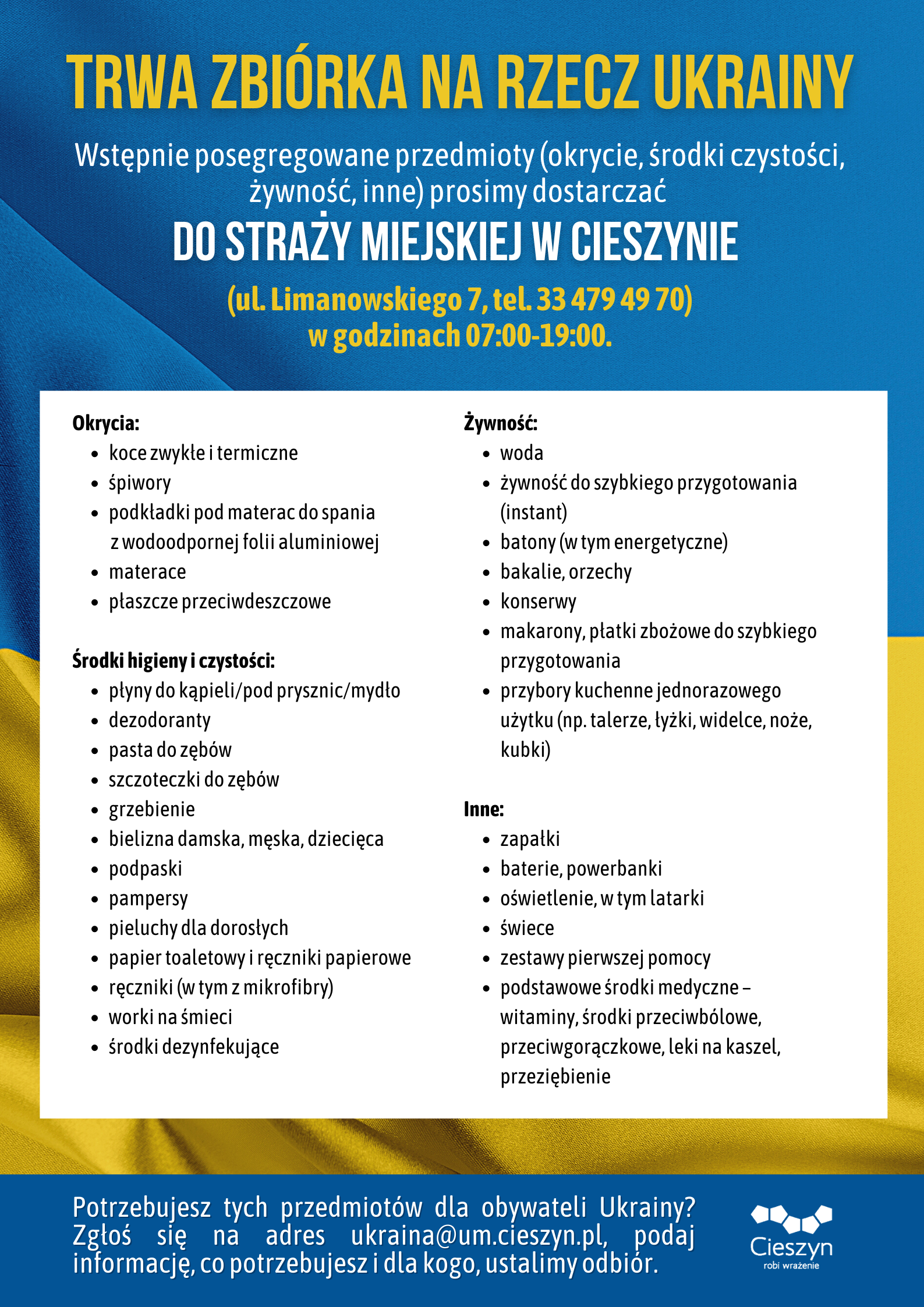 Plakat w barwach Ukrainy zawiera apel o pomoc